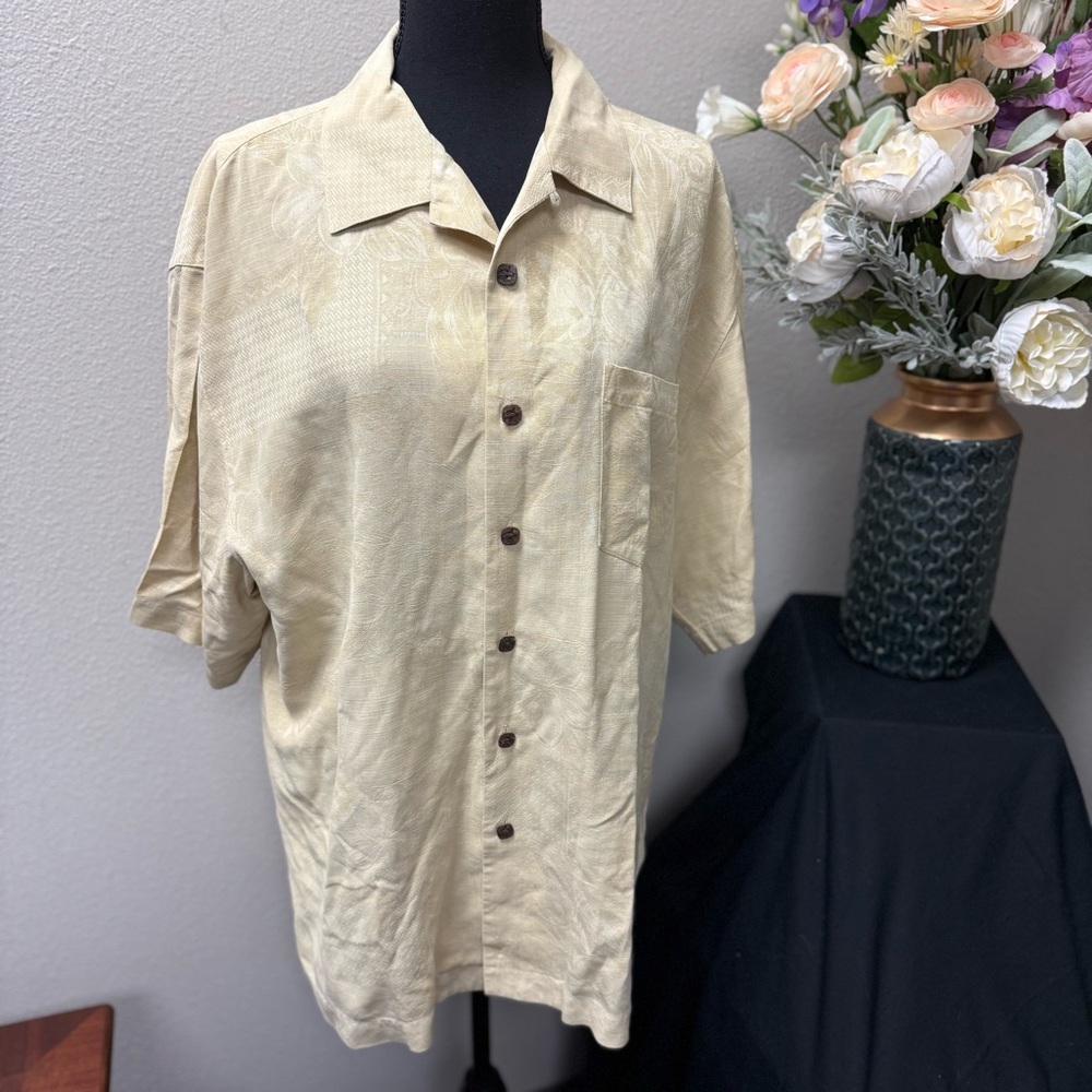 Bermuda Bay 100% Silk Tan Jacquard Hawaiian Shirt – Size L